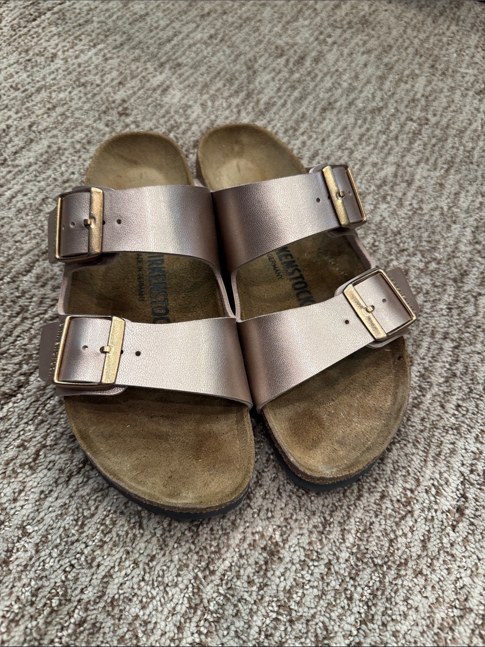 Birkenstock Arizona Metallic Rose Sandals with Gold Buckles